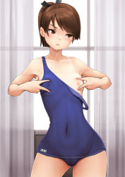 Rule 34 | 1girl, blue one-piece swimsuit, brown eyes, brown hair, cameltoe, commentary request, covered erect nipples, covered navel, curtains, double v, facing viewer, flat chest, kantai collection, kasu (kasunohikari), looking to the side, nipples, old school swimsuit, one-piece swimsuit, one-piece tan, ponytail, school swimsuit, school uniform, shikinami (kancolle), short hair, sideways glance, solo, spread nipples, standing, swimsuit, tan, tanline, v, window