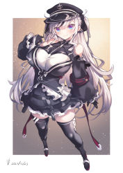 Rule 34 | 1girl, absurdres, azur lane, bare shoulders, black dress, black footwear, black gloves, black hat, black ribbon, black thighhighs, boots, breasts, clothing cutout, cross, dated, dress, elbe (azur lane), full body, gloves, hair ribbon, hat, highres, iparupua, iron cross, large breasts, layered dress, leotard, long hair, looking at viewer, peaked cap, puffy sleeves, purple eyes, ribbon, shoulder cutout, simple background, solo, thighhighs, two-tone background, two-tone dress, very long hair, white leotard, zettai ryouiki