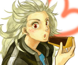 Rule 34 | 1girl, blonde hair, blush, dorohedoro, eating, female focus, food, heart, long hair, looking at viewer, noi (dorohedoro), open mouth, ozoi (kuma3533), red eyes, solo, tart (food), upper body, white background, white hair