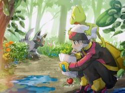 Rule 34 | 1boy, backpack, bag, beanie, brendan (pokemon), commentary request, creatures (company), fingerless gloves, forest, game freak, gen 3 pokemon, gloves, grass, grey eyes, grey hair, hanenbo, hat, highres, holding, holding paper, holding pen, leaf, long sleeves, nature, nintendo, outdoors, paper, pen, poke ball, pokemon, pokemon (creature), pokemon on back, pokemon rse, poochyena, puddle, signature, squatting, tree, treecko, water, white headwear, yellow bag, yellow gloves