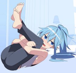 Rule 34 | 1girl, ahoge, armpits, barefoot, blue eyes, blue hair, blush, curtains, elf, exercising, hair between eyes, highres, holding own leg, indoors, lamp, legs up, living room, long hair, looking to the side, lying, monochrome background, on back, on floor, open mouth, original, pants, pointy ears, ponytail, sleeveless, solo, superkyu, sweat, window, workout clothes
