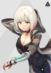 Rule 34 | 1girl, 727470991, bad id, bad pixiv id, blonde hair, bodysuit, breasts, choker, cleavage, grey background, highres, hood, hood down, jacket, large breasts, looking at viewer, original, parted lips, prosthesis, prosthetic arm, science fiction, simple background, skin tight, sleeves rolled up, yellow eyes