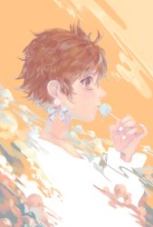 Rule 34 | 1girl, bad id, bad twitter id, brown eyes, brown hair, candy, cloud, earrings, flower, food, fortisselle, highres, holding, holding candy, holding food, holding lollipop, jewelry, lollipop, long sleeves, nail polish, orange background, original, profile, short hair, solo, upper body, white flower, white nails