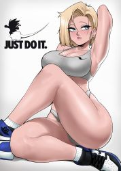 Rule 34 | 1girl, absurdres, android 18, ankle socks, arm up, armpits, bare legs, blonde hair, blue eyes, blue nails, breasts, cleavage, commentary, crossed legs, curvy, dragon ball, dragon ball (classic), dragonball z, echo saber, english commentary, flying nimbus, full body, grey shorts, grey sports bra, highleg shorts, highres, just do it (meme), large breasts, leg up, lips, looking away, makeup, mascara, meme, nail polish, nike (company), parted lips, shoes, short hair, short shorts, shorts, sitting, sneakers, socks, solo, son goku, sports bra, white socks