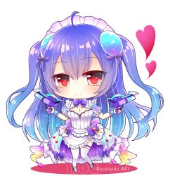 Rule 34 | 1girl, ahoge, apron, blue footwear, blue hair, blush, bow, breasts, character name, chibi, cleavage, closed mouth, commentary request, dress, dual wielding, frilled apron, frills, full body, gun, hair between eyes, hair bow, hair ornament, heart, high heels, holding, holding gun, holding weapon, long hair, looking at viewer, maid headdress, medium breasts, noa (shironeko project), puffy short sleeves, puffy sleeves, purple bow, red eyes, see-through, shironeko project, short sleeves, smile, solo, standing, thighhighs, twitter username, two side up, very long hair, weapon, white apron, white background, white dress, white thighhighs, wrist cuffs, yukiyuki 441