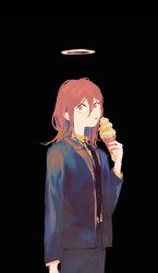 Rule 34 | 1boy, angel devil (chainsaw man), black background, black jacket, black necktie, black pants, brown hair, chainsaw man, collared shirt, food, formal, halo, highres, holding food, holding ice cream, ice cream, ice cream cone, jacket, licking, long hair, looking at viewer, necktie, orange eyes, pants, shinamoku00, shirt, simple background, solo, suit, tongue, tongue out, white shirt