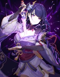 Rule 34 | 1girl, blunt bangs, braid, breasts, cleavage, electricity, expressionless, fingerless gloves, genshin impact, gloves, hair ornament, half-closed eyes, highres, holding, holding sword, holding weapon, japanese clothes, kimono, long hair, looking at viewer, low-braided long hair, low-tied long hair, medium breasts, nail polish, purple background, purple eyes, purple hair, purple kimono, raburi, raiden shogun, ribbon, simple background, solo, sword, weapon, wide sleeves