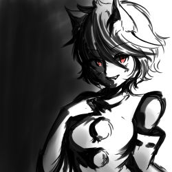 Rule 34 | 1girl, absurdres, animal ears, bare shoulders, breasts, detached sleeves, gradient background, greyscale, hand on own chest, highres, inubashiri momiji, looking at viewer, monochrome, no headwear, pom pom (clothes), red eyes, shinomiya naka, short hair, silver hair, small breasts, solo, touhou, wolf ears