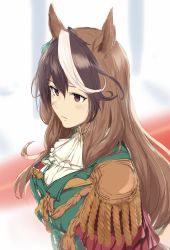Rule 34 | 1girl, animal ears, ascot, blurry, blurry background, breasts, brown hair, closed mouth, commentary request, earrings, epaulettes, green jacket, hair between eyes, highres, horse ears, horse girl, jacket, jewelry, long hair, medal, multicolored hair, osterei, purple eyes, single earring, single epaulette, sketch, solo, streaked hair, symboli rudolf (umamusume), umamusume, upper body, white ascot, white hair