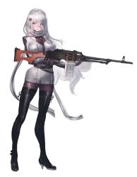 Rule 34 | 1girl, ammunition, ammunition belt, bear hair ornament, belt, between breasts, black gloves, black pantyhose, blazer, blush, boots, breast hold, breasts, covered erect nipples, dress, eyebrows, finger on trigger, full body, girls&#039; frontline, gloves, gun, hair between eyes, hair ornament, hair over one eye, head tilt, high heel boots, high heels, highres, holding, holding gun, holding weapon, impossible clothes, jacket, kishiyo, large breasts, long hair, looking at viewer, machine gun, magazine (weapon), necktie, necktie between breasts, nose, official art, pantyhose, parted lips, personification, pink eyes, pk (girls&#039; frontline), pk machine gun, pleated dress, red eyes, scarf, short dress, solo, standing, strap, thigh boots, thighhighs, transparent background, very long hair, weapon, white hair, white scarf