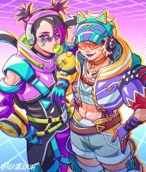 Rule 34 | 2girls, animal ear headphones, animal ears, apex legends, arm on another&#039;s shoulder, black bodysuit, blue eyes, bodysuit, cat ear headphones, catalyst (apex legends), clothing cutout, eyeshadow, fake animal ears, gloves, grey shorts, hand on own hip, headphones, highres, looking ahead, makeup, midriff, multicolored hair, multiple girls, navel, official alternate costume, purple eyeshadow, purple gloves, purple hair, purple lips, scar, scar on stomach, short hair, shorts, shoulder cutout, smile, streaked hair, sunglasses, technowitch catalyst, thekittlekat, thunder kitty wattson, twintails, visor cap, wattson (apex legends)