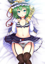 Rule 34 | 1girl, :o, aqua eyes, asymmetrical hair, black thighhighs, blouse, blue eyes, blush, bra, collarbone, colored eyelashes, ebi 193, embarrassed, epaulettes, garter straps, green eyes, green hair, hat, long sleeves, looking at viewer, lying, matching hair/eyes, navel, on back, open clothes, open vest, panties, partially undressed, rod of remorse, shiki eiki, shirt, short hair, skirt, solo, striped bra, striped clothes, striped panties, thigh gap, thighhighs, thighs, touhou, underwear, vest, wide hips