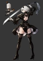 Rule 34 | 1girl, android, ass, black dress, blindfold, boots, breasts, dress, feather-trimmed sleeves, hairband, high heel boots, high heels, large breasts, nier (series), nier:automata, puffy sleeves, short hair, silver hair, solo, sword, thigh boots, thighhighs, weapon, 2b (nier:automata)