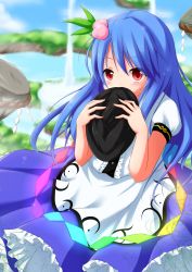 Rule 34 | 1girl, absurdres, bad id, bad pixiv id, blue hair, blush, chro, covering own mouth, female focus, food, fruit, hair ornament, hat, highres, hinanawi tenshi, keystone, long hair, mouth hidden, peach, red eyes, solo, touhou