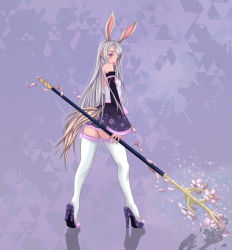 Rule 34 | 1girl, :p, animal ears, bare shoulders, blue eyes, blush, detached sleeves, dog tail, dress, elin, flower, from behind, high heels, highres, long hair, looking back, rabbit ears, shoes, short dress, silver hair, solo, staff, strapless, strapless dress, tail, tera online, thighhighs, tongue, tongue out, weapon, white thighhighs, xiel, zettai ryouiki