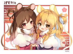 Rule 34 | 2020, 2girls, :o, animal ears, blonde hair, blush, bow, braid, brown eyes, brown hair, capelet, commentary request, hair between eyes, hair bow, hakurei reimu, kemonomimi mode, kirisame marisa, long hair, looking at viewer, mouse ears, mouse tail, multiple girls, no headwear, parted lips, pink bow, piyokichi, single braid, tail, touhou, translation request, upper body, white capelet