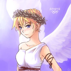Rule 34 | 1girl, ancient greek clothes, angel wings, blonde hair, blue eyes, chrono (series), chrono cross, collarbone, greco-roman clothes, kid (chrono cross), lowres, olympics, short hair, solo, upper body, wings, wreath
