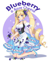 Rule 34 | 1girl, apron, artist name, bare shoulders, blonde hair, blue eyes, blue footwear, blue skirt, blueberry, bow, braid, breasts, briska, choker, cleavage, curly hair, detached sleeves, dirndl, dress, drill hair, english text, flower, food, food print, food-themed hair ornament, food-themed ornament, fruit, german clothes, hair bow, hair ornament, kneeling, long hair, looking at viewer, no socks, original, parted lips, purple background, purple bow, shoes, signature, skirt, solo, striped, striped bow, traditional clothes, twin drills, twintails, underbust, very long hair