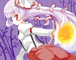 Rule 34 | 1girl, ass, blunt bangs, blush, bow, cowboy shot, female focus, fire, from behind, fujiwara no mokou, hair bow, looking at viewer, looking back, meito (maze), multiple hair bows, outstretched arms, pants, profile, purple background, red eyes, shirt, simple background, solo, suspenders, touhou