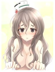 Rule 34 | 1girl, absurdres, black eyes, blush, breasts, censored nipples, commentary request, completely nude, crying, crying with eyes open, grey hair, hair censor, hair over breasts, hat, highres, kantai collection, large breasts, long hair, looking at viewer, mini hat, mitsukii, nude, pola (kancolle), solo, tears, upper body
