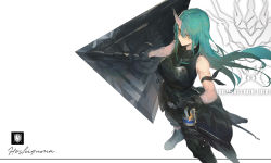 Rule 34 | 1girl, arknights, armor, bare shoulders, black footwear, black gloves, black pants, black shirt, breastplate, can, closed mouth, foot out of frame, gloves, green hair, hair between eyes, holding, holding can, holding shield, horns, hoshiguma (arknights), kuroduki (pieat), long hair, looking away, pants, shield, shirt, shoes, single horn, skin-covered horns, sleeveless, solo, standing, white background, yellow eyes