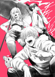Rule 34 | 1girl, 2boys, black necktie, black pants, chainsaw, chainsaw man, character name, cigarette, collared shirt, cowboy shot, creature, crop top, demon girl, denji (chainsaw man), greyscale, hair between eyes, hand in pocket, hands on own hips, hayakawa aki, holding, holding cigarette, hood, hoodie, horns, long hair, long sleeves, looking at viewer, monochrome, multiple boys, nair (mindcreator), necktie, pants, pink background, pochita (chainsaw man), power (chainsaw man), sharp teeth, shirt, short hair, short ponytail, short shorts, shorts, smoking, spot color, squatting, standing, teeth, thighhighs, tongue, twitter username, weapon, weapon on back