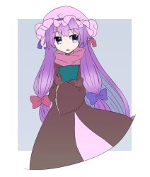 Rule 34 | 1girl, abe suke, blue bow, book, bow, brown gloves, dress, gloves, hair bow, hat, holding, holding book, long hair, long sleeves, mob cap, open mouth, patchouli knowledge, purple eyes, purple hair, purple hat, red bow, solo, touhou