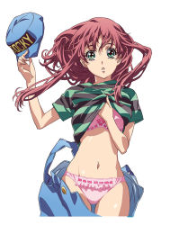 Rule 34 | 1girl, akasaka mitsuki, bow, bow bra, bra, clothes lift, clothes writing, cowboy shot, double cast, floating hair, frilled panties, frills, gotou keiji, green eyes, hat, holding, holding clothes, holding hat, long hair, looking at viewer, navel, non-web source, official art, panties, parted lips, pink panties, red hair, shirt, shirt lift, short sleeves, simple background, solo, striped clothes, striped shirt, suspenders, underwear, unworn hat, unworn headwear, white background