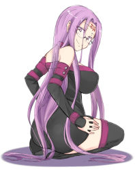Rule 34 | 1girl, ass, bare shoulders, black thighhighs, breasts, collar, fate/stay night, fate (series), glasses, large breasts, long hair, medusa (fate), medusa (rider) (fate), purple eyes, purple hair, simple background, solo, thighhighs, thighs, very long hair, white background, zanku