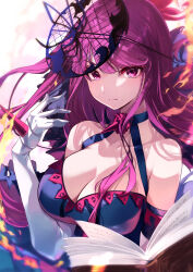 Rule 34 | 1girl, absurdres, bare shoulders, book, breasts, cleavage, commentary, dress, elbow gloves, embers, expressionless, fascinator, fire, fire emblem, fire emblem engage, fire, flower, gloves, hair ornament, highres, ivy (fire emblem), jewelry, large breasts, long hair, looking at viewer, mole, mole under mouth, nintendo, purple eyes, purple hair, risumi (taka-fallcherryblossom), rose, solo, white gloves