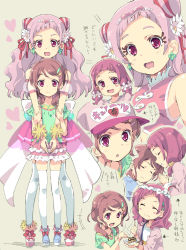 Rule 34 | 2girls, :d, :o, aged down, arms around neck, back bow, bare shoulders, baseball cap, blush, bow, commentary request, cone hair bun, cure yell, earrings, eyelashes, eyeliner, flower, food, hair bun, hair flower, hair ornament, hair ribbon, hat, heart, homing (areya), hug, hug from behind, hugtto! precure, jewelry, long hair, magical girl, makeup, multiple girls, nono hana, nono kotori, open mouth, own hands together, pink eyes, pink hair, pink skirt, pom pom (cheerleading), precure, ribbon, short hair, siblings, sisters, skirt, sleeping, smile, speech bubble, takoyaki, thighhighs, translation request, twintails, white legwear