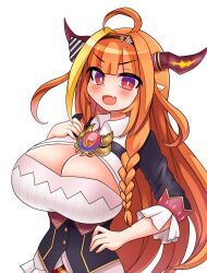 Rule 34 | 1girl, ahoge, blush, breasts, bright pupils, cleavage, diadem, dot nose, dragon girl, dragon horns, fang, female focus, highres, hololive, horns, huge breasts, kiryu coco, long hair, looking at viewer, orange hair, red eyes, ribbon, skin fang, solo, standing, virtual youtuber, white pupils