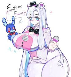 Rule 34 | blue eyes, blue hair, blush stickers, bow, bowtie, breasts, eyeshadow, five nights at freddy&#039;s, five nights at freddy&#039;s: security breach, funtime freddy, hand puppet, hat, huge breasts, long hair, looking at viewer, makeup, microphone, multicolored hair, pants, puppet, robot, smile, thick thighs, thighs, togetoge, top hat, white hair, wide hips
