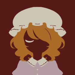 Rule 34 | blonde hair, brown background, buttons, closed eyes, dress, frilled hat, frills, hair over one eye, hat, limited palette, maribel hearn, maskin mei, medium hair, minimalism, one eye closed, one eye covered, puffy sleeves, purple dress, simple background, touhou, white hat