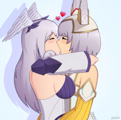 2girls absurdres animal_ears artist_name blush breasts closed_eyes commission facial_mark french_kiss grey_hair head_wings heart highres hug kiss lackatask melia_antiqua multiple_girls nia_(xenoblade) saliva short_hair wings xenoblade_chronicles_(series) xenoblade_chronicles_3 yellow_eyes yuri