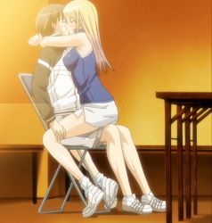 Rule 34 | 1boy, 1girl, blonde hair, blush, breasts, couple, date wingfield reiko, closed eyes, fault!!, highres, hug, jacket, kiss, large breasts, long hair, short hair, sideboob, sitting, skirt, sleeveless, stitched, third-party edit