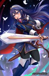 Rule 34 | 1girl, blue eyes, blue hair, blush, bug, butterfly, cape, falchion (fire emblem), fingerless gloves, fire emblem, fire emblem awakening, gloves, hair between eyes, highres, insect, kamaniki, long hair, looking at viewer, lucina (fire emblem), nintendo, simple background, smile, solo, sword, tiara, weapon