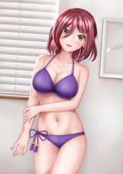 Rule 34 | 1girl, arm at side, assault lily, bare arms, bare shoulders, bikini, window blinds, breasts, cleavage, collarbone, commentary, cowboy shot, earrings, fingernails, green eyes, hair between eyes, halterneck, hand on own arm, hatsukano you, highres, imai tomohiro, indoors, jewelry, large breasts, looking at viewer, medium hair, mimura haruka, navel, parted lips, photo-referenced, picture frame, purple bikini, red hair, ring, side-tie bikini bottom, smile, solo, standing, stomach, swimsuit, tassel, voice actor connection