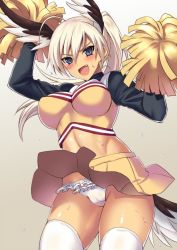 Rule 34 | 1girl, animal ears, blonde hair, blue eyes, blush, breasts, cheerleader, colored eyelashes, fang, frilled panties, frills, hanna-justina marseille, head wings, kyogoku shin, long hair, midriff, navel, panties, pantyshot, pom pom (cheerleading), standing, strike witches, sweat, underwear, wings, witches of africa, world witches series