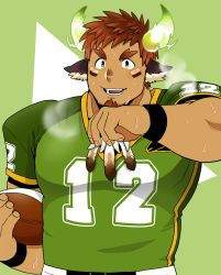 Rule 34 | 1boy, american football, american football (object), animal ears, ball, bara, beard, blush, brown hair, ezaki papiko, facial hair, feathers, fiery horns, forked eyebrows, furry, furry male, glowing horns, highres, horns, jewelry, large pectorals, looking at viewer, male focus, muscular, native american, pectorals, rugby, rugby ball, rugby uniform, shirt, short sleeves, simple background, smile, solo, sportswear, sweatband, thick eyebrows, tokyo houkago summoners, upper body, wakan tanka, wiping sweat, yellow eyes