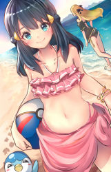 Rule 34 | 2girls, ball, beach, beachball, bikini, black hair, black one-piece swimsuit, blonde hair, blue eyes, blue sky, bracelet, breasts, closed mouth, cloud, collarbone, commentary request, creatures (company), cynthia (pokemon), dawn (pokemon), day, e-co, game freak, gen 4 pokemon, holding, holding ball, jewelry, long hair, looking at viewer, medium breasts, multiple girls, navel, nintendo, ocean, one-piece swimsuit, outdoors, pink bikini, piplup, pokemon, pokemon (creature), pokemon dppt, sand, sarong, short hair, sky, small breasts, smile, swimsuit