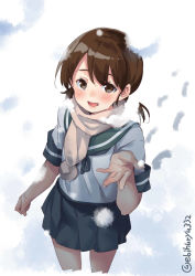 Rule 34 | 1girl, brown eyes, brown hair, ebifurya, folded ponytail, gradient background, hair between eyes, highres, kantai collection, low twintails, neckerchief, open mouth, parted bangs, pleated skirt, sailor collar, scarf, school uniform, serafuku, shirayuki (kancolle), short twintails, skirt, snowing, solo, twintails, twitter username, white background
