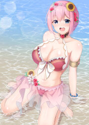 Rule 34 | 1girl, absurdres, assuka takeda, bare shoulders, bikini, blue eyes, bracelet, breasts, flower, flower ornament, hair flower, hair ornament, highres, jewelry, large breasts, looking at viewer, navel, open mouth, pink hair, princess connect!, red bikini, red flower, solo, sunflower, sunflower hair ornament, swimsuit, teeth, tongue, upper teeth only, water, yui (princess connect!), yui (summer) (princess connect!)