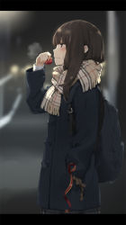 Rule 34 | 1girl, :t, backpack, bag, black coat, blurry, blurry background, blush, breath, brown eyes, brown hair, brown scarf, chocolate, closed mouth, coat, depth of field, eating, fringe trim, grey skirt, hand in pocket, highres, holding, kani biimu, letterboxed, long hair, original, outdoors, plaid, plaid scarf, plaid skirt, pleated skirt, scarf, sidelocks, skirt, solo, tears, valentine, wavy mouth, wrapping paper