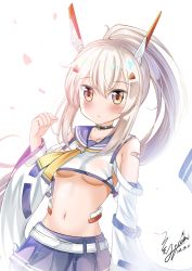 Rule 34 | 1girl, :o, ayanami (azur lane), azur lane, breasts, brown eyes, commentary request, detached sleeves, hair between eyes, hair ornament, hairclip, headgear, highres, holding, long hair, looking at viewer, medium breasts, navel, parted lips, petals, ponytail, quin (himegata alice), remodel (azur lane), silver hair, simple background, solo, underboob, white background