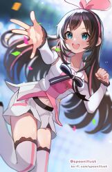 Rule 34 | 1girl, :d, black bow, black bowtie, blue eyes, blush, boots, bow, bow hairband, bowtie, breasts, brown hair, buttons, commentary, confetti, cowboy shot, detached sleeves, double-breasted, english commentary, hairband, jumping, kizuna ai, kizuna ai inc., ko-fi username, long hair, looking at viewer, midriff peek, multicolored hair, navel, open mouth, pink bow, pink hairband, pink skirt, reaching, reaching towards viewer, sailor collar, sailor shirt, shirt, shorts, simple background, skirt, sleeveless, sleeveless shirt, small breasts, smile, solo, spoon kitty, stage, straight hair, streaked hair, thigh boots, thighhighs, twitter username, two-tone shirt, virtual youtuber, white footwear, white sailor collar, white shirt, white shorts, white thighhighs, wide sleeves
