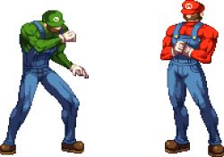 Rule 34 | 2boys, bad id, bad pixiv id, blouse, blue overalls, brothers, facial hair, free0, gloves, green hat, green shirt, hat, lowres, luigi, male focus, manly, mario, mario (series), multiple boys, muscular, mustache, nintendo, overalls, pixel art, shirt, siblings, super mario bros. 1