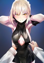 Rule 34 | 1girl, angry, arm strap, armpits, arms up, artoria pendragon (all), artoria pendragon (alter swimsuit rider) (fate), artoria pendragon (alter swimsuit rider) (first ascension) (fate), artoria pendragon (fate), black bow, black one-piece swimsuit, blonde hair, blush, bow, breasts, casual one-piece swimsuit, clothes pull, fate/grand order, fate/stay night, fate (series), glaring, hair between eyes, hair bow, highres, looking at viewer, medium breasts, one-piece swimsuit, outdoors, saber alter, sidelocks, standing, swimsuit, taishi (picchiridou), thigh strap, tying hair, underboob, yellow eyes