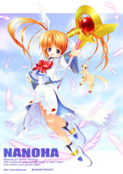 Rule 34 | 00s, 1girl, bad id, bad pixiv id, blue eyes, blush, boots, bow, brown hair, character name, copyright name, feathers, ferret, floating, floating hair, highres, jacket, looking at viewer, lyrical nanoha, magical girl, mahou shoujo lyrical nanoha, purple eyes, raising heart, red hair, shoes, sky, smile, solo, staff, takamachi nanoha, tom (1art.), twintails, uniform, upskirt, watermark, web address, winged footwear, wings, yuuno scrya
