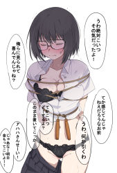 Rule 34 | 1girl, annoyed, arms behind back, black-framed eyewear, black bra, black hair, black legwear, black panties, black skirt, blush, bob cut, bound, bound arms, bow, bowtie, bra, breasts, cleavage, closed eyes, clothes pull, commentary, cowboy shot, dress shirt, embarrassed, furuyama itaru, glasses, groin, hair strand, jump rope, knot, lace, lace bra, lace panties, large breasts, looking at viewer, medium breasts, midriff, navel, open clothes, open shirt, panties, pleated skirt, rectangular eyewear, red bow, red bowtie, rope, school uniform, shirt, short hair, simple background, skirt, skirt pull, solo, speech bubble, sweatdrop, tied up, trembling, underwear, white background, white shirt